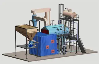 3D CAD design layout of a boiler and grate stoker assembly.