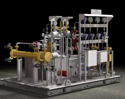 Detailed 3D CAD modeling of a structural and mechanical piping skid system.