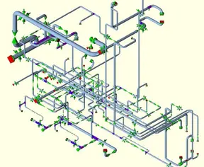 Detailed 3D isometric piping layout and routing diagram.