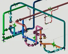 Color-coded 3D CAD model representing stress points in a piping system.
