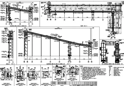 Detailed 2D structural steel drafting and fabrication drawing.