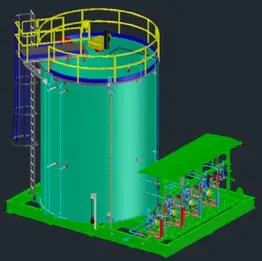 3D modeling of a vertical storage tank system with stairs and connected platforms.