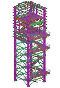 3D steel detailing model of a high-rise tower structure.