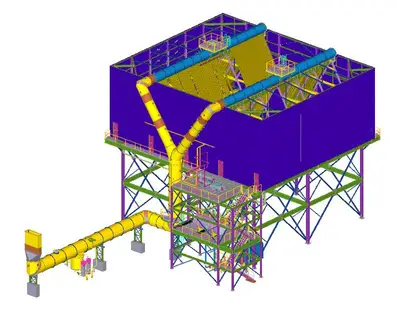 3D model of an industrial storage bin and duct system.