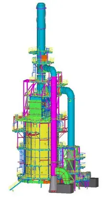 3D model of an industrial chimney and support structure.