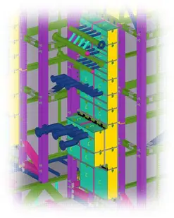Color-coded 3D model of a multi-storey steel building frame.