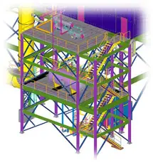 3D structural detailing of industrial stairs and handrails.